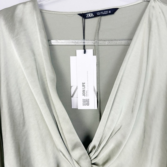 ZARA | NEW Sage Green Twist Front Cropped Bell Sleeve Top Women’s Size Large - Picture 6 of 12